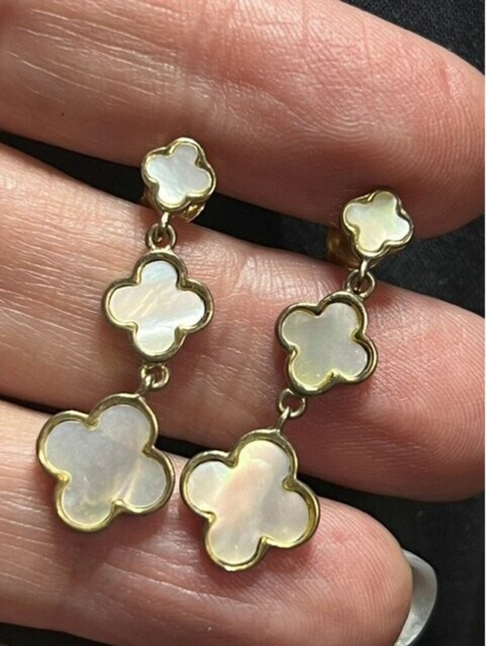 B7063 Vermeil Gold plated 925 Mother of Pearl Clover Dangle Drop Earrings 1.25"